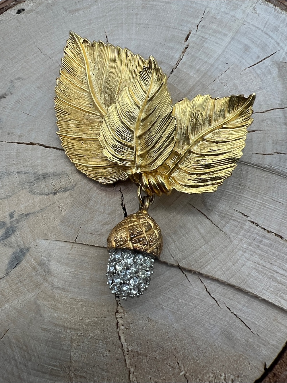 VTG Gold Leaf Acorn Brooch Pendant with Rhinestone Acorn, “Ivana”